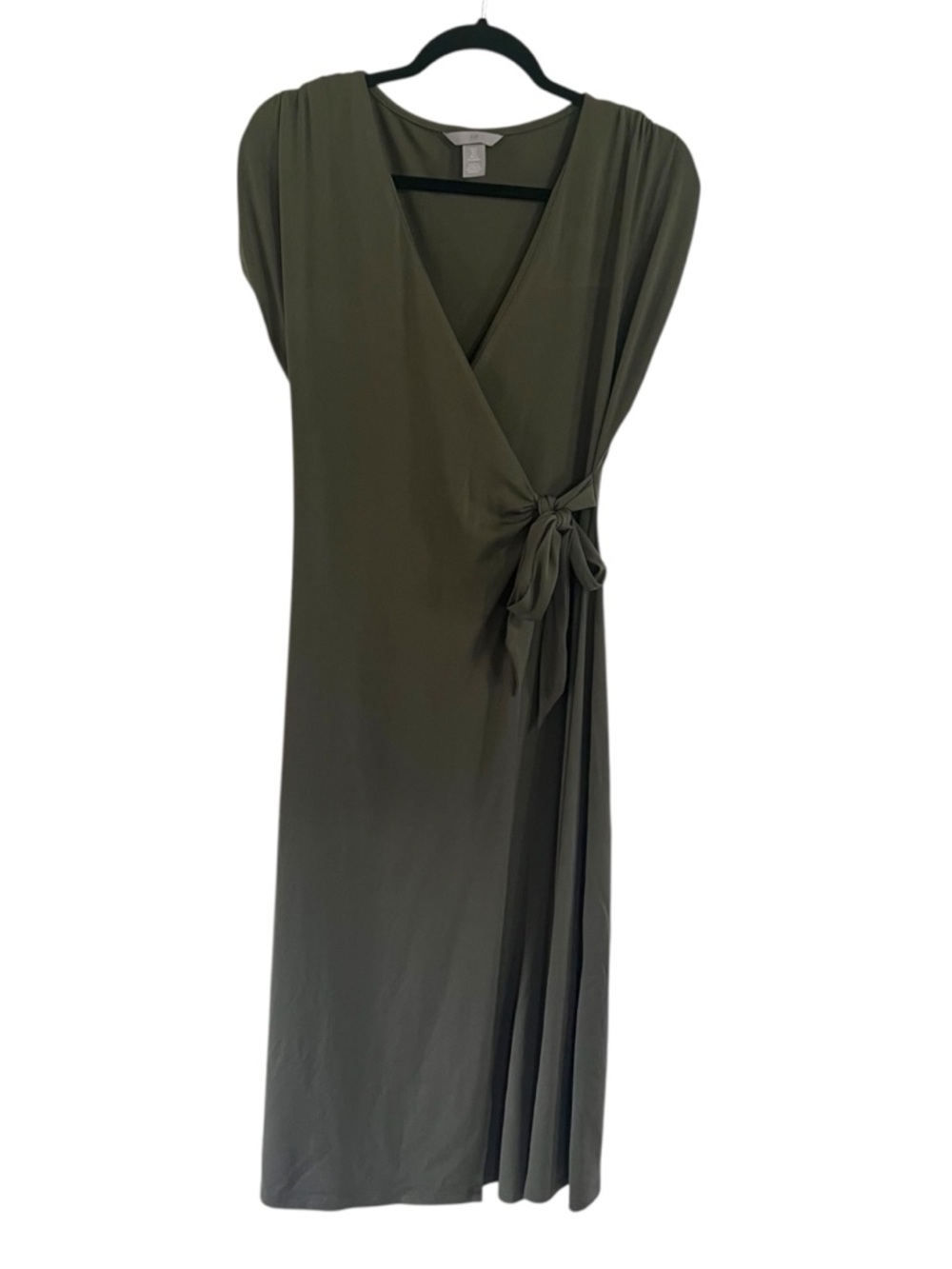 Womens H&M Jersey Wrap Dress Olive Green Tie Front Casual Midi Size US Small